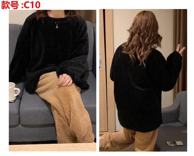 Pijama abrigado de mujer liso con acabado aterciopelado