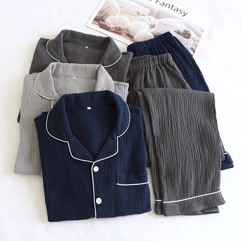 Pijama camisero de hombre de algodón liso