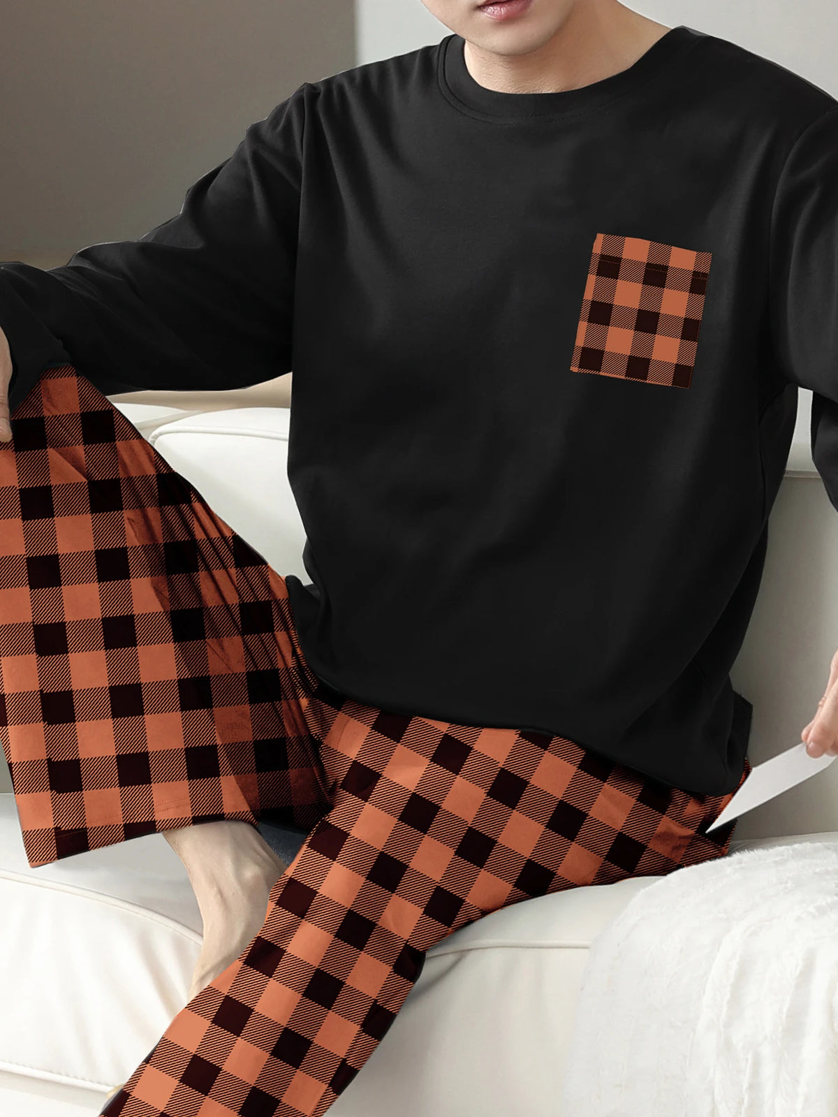 Pijama largo de hombre con pantalón a cuadros
