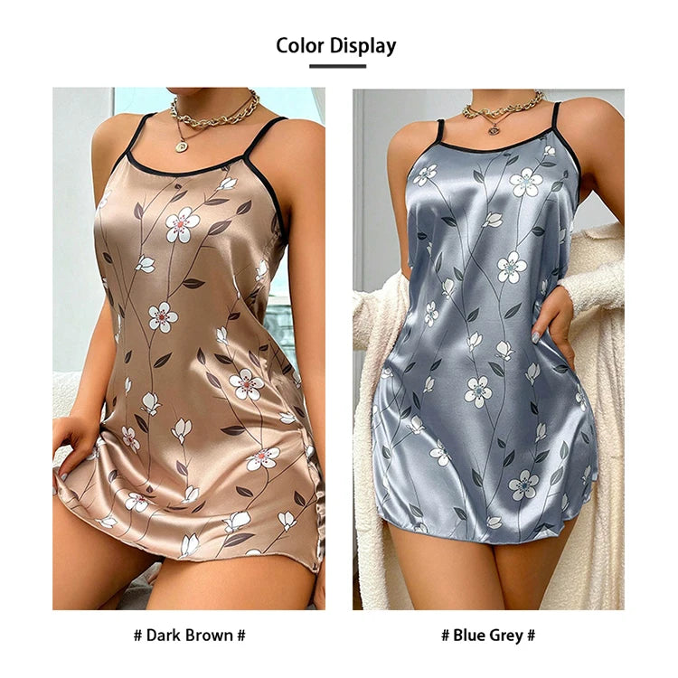 Camisón corto satinado con breteles regulables y estampados