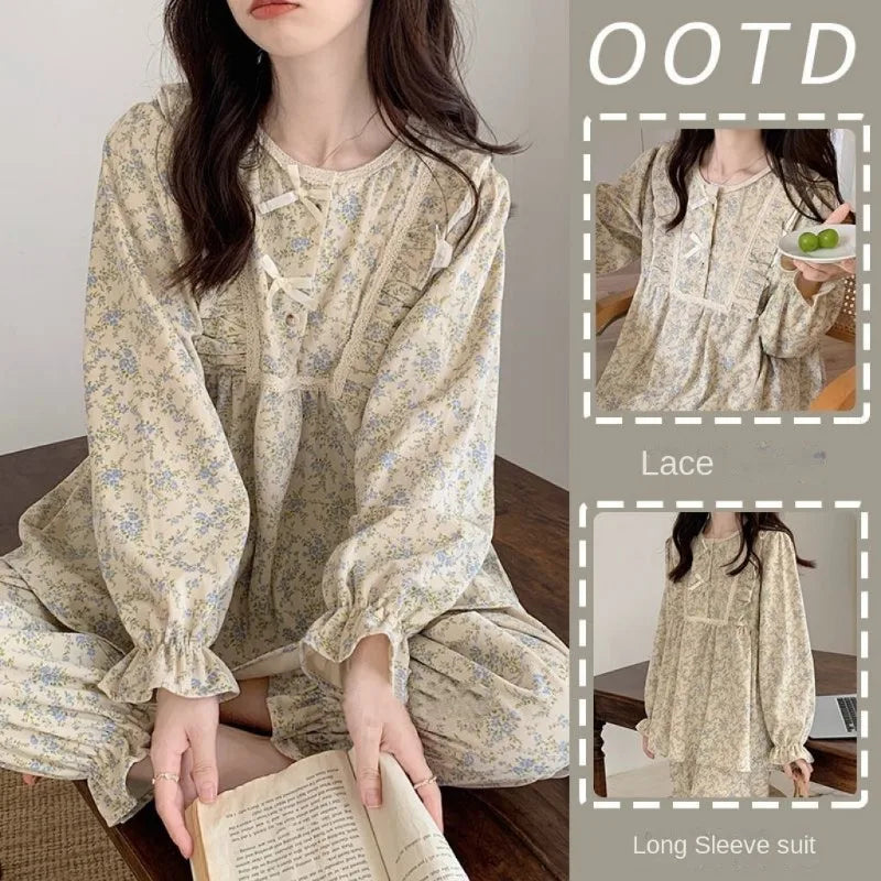 Pijama largo de mujer floral de manga larga y cuello redondo