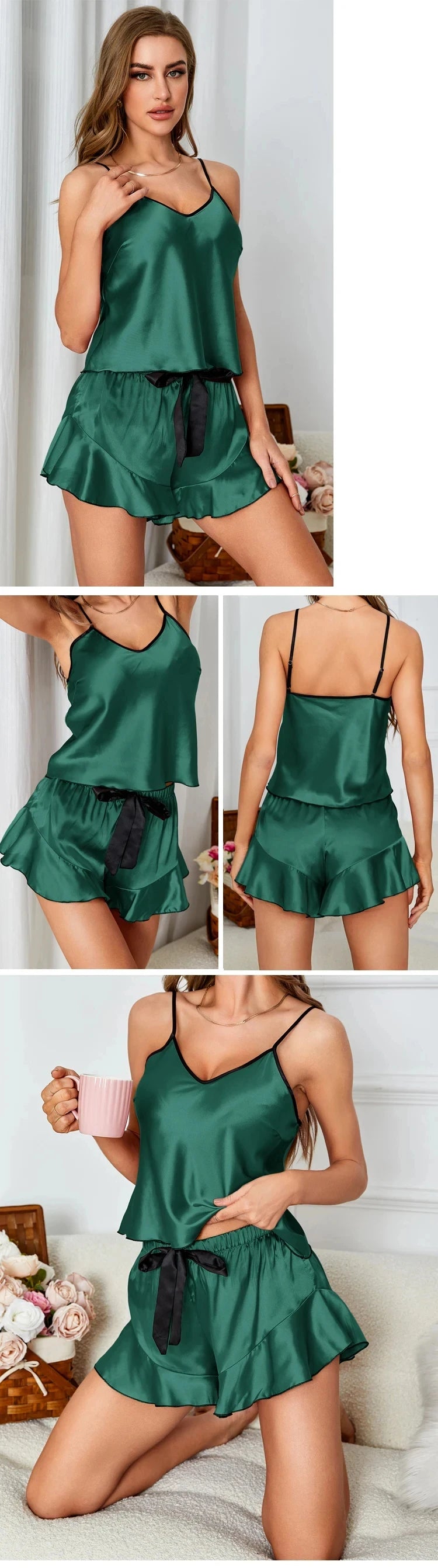 Pijama de mujer satinado con musculosa y short con moño