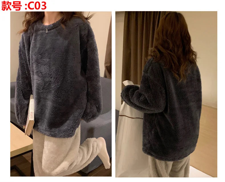 Pijama abrigado de mujer liso con acabado aterciopelado