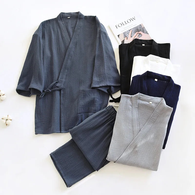 Pijama de hombre de algodón estilo kimono con pantalón largo
