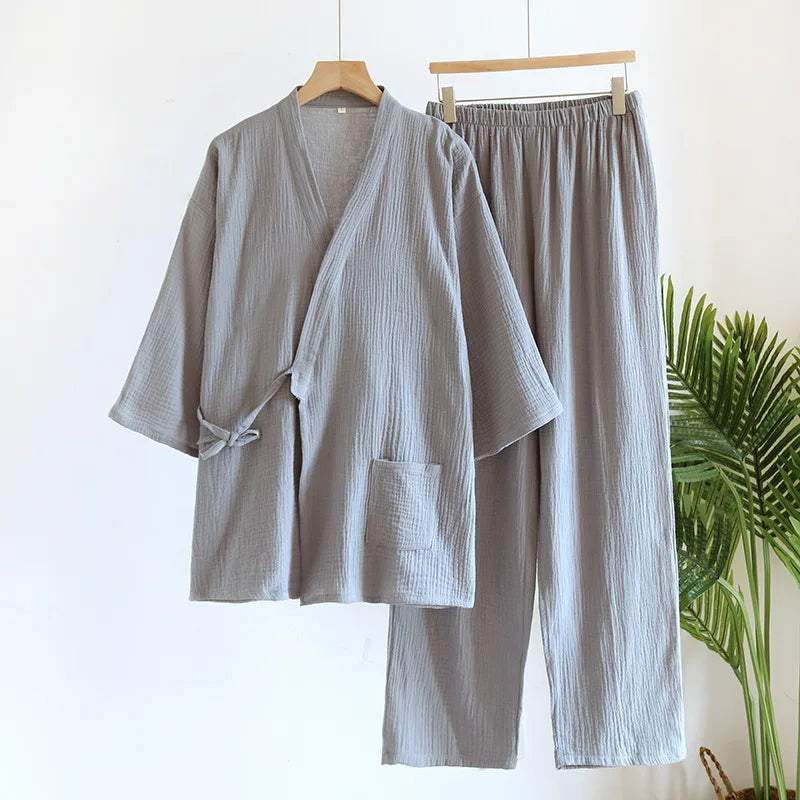 Pijama de hombre de algodón estilo kimono con pantalón largo