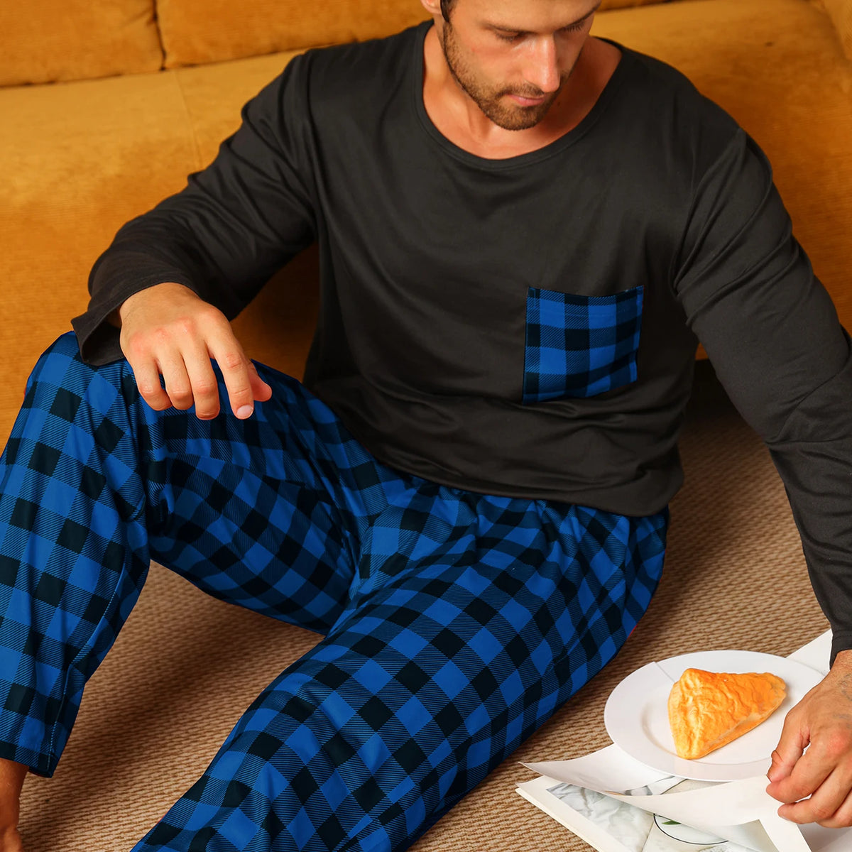 Pijama largo de hombre con pantalón a cuadros