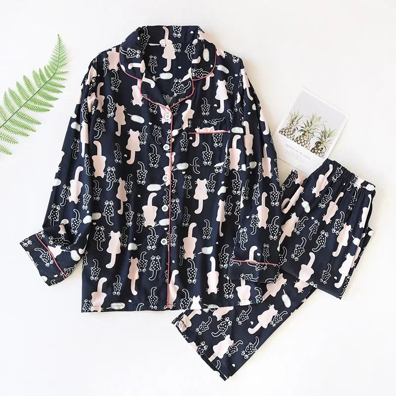 Pijama camisero de mujer de viscosa con estampas