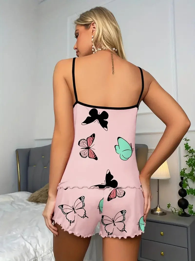 Pijama de musculosa y short con mariposas y bordes ondulados