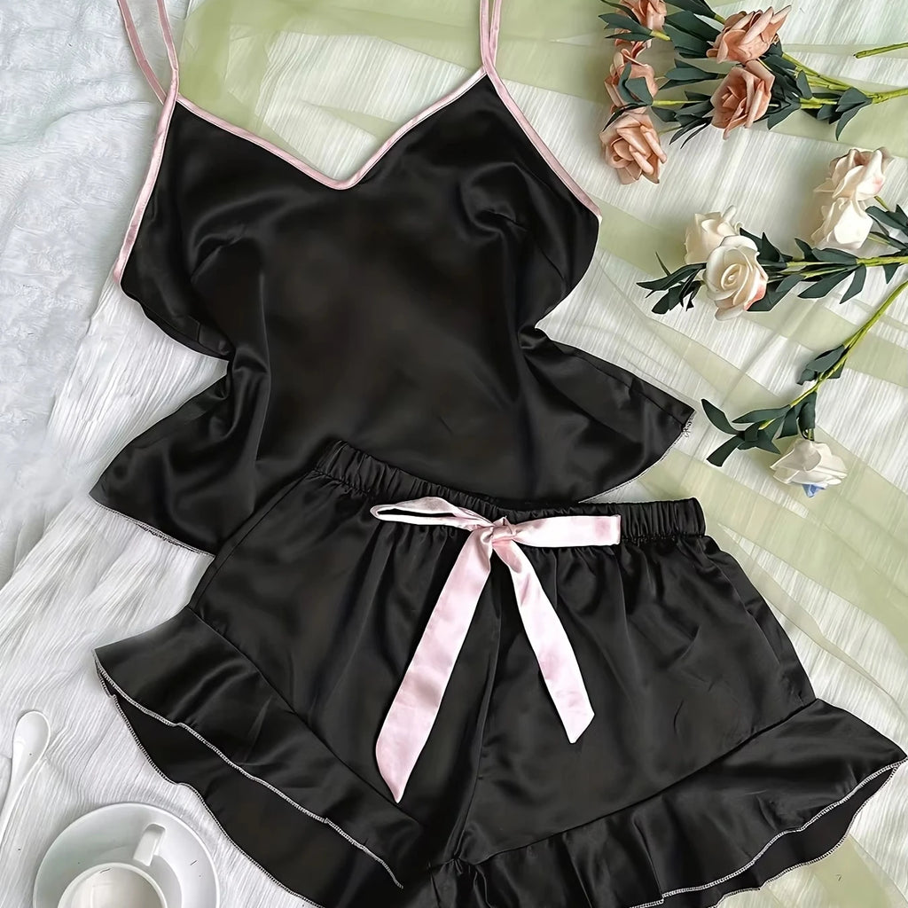 Pijama de mujer satinado con musculosa y short con moño