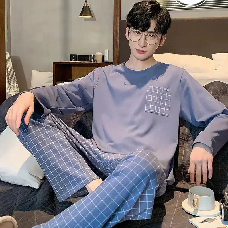 Pijama largo liviano de hombre con pantalón cuadrillé