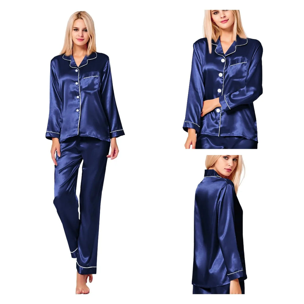 Pijama satinado liso con camisa de manga larga sin bolsillos