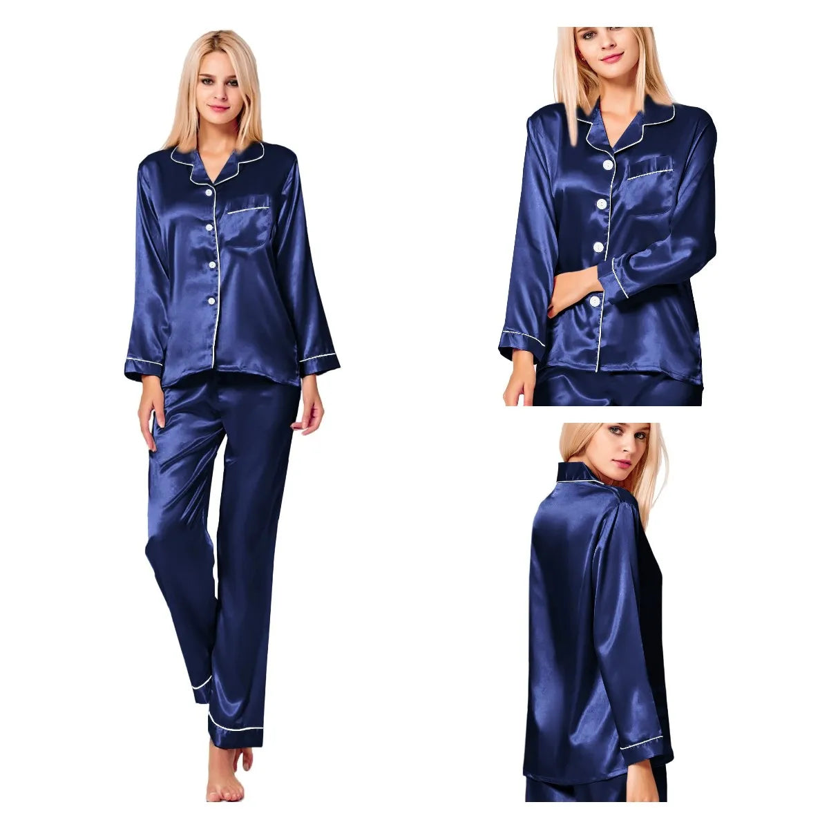 Pijama satinado liso con camisa de manga larga sin bolsillos