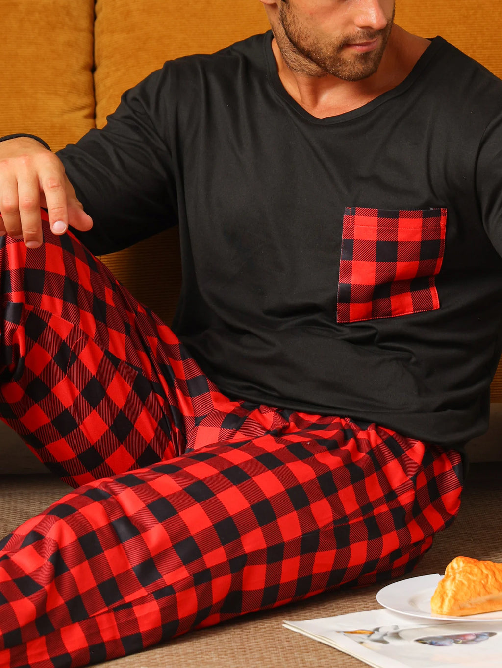Pijama largo de hombre con pantalón a cuadros