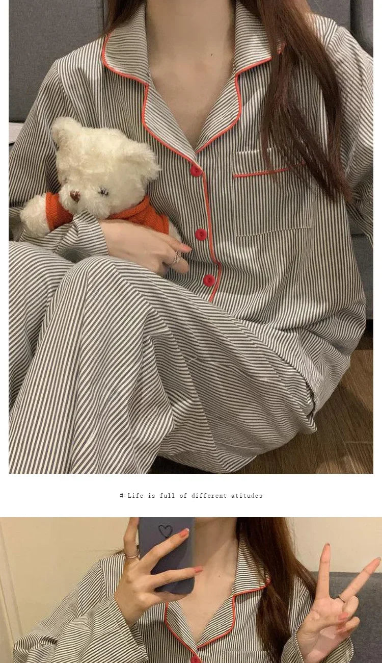 Pijama camisero de mujer gris a rayas con pantalón largo