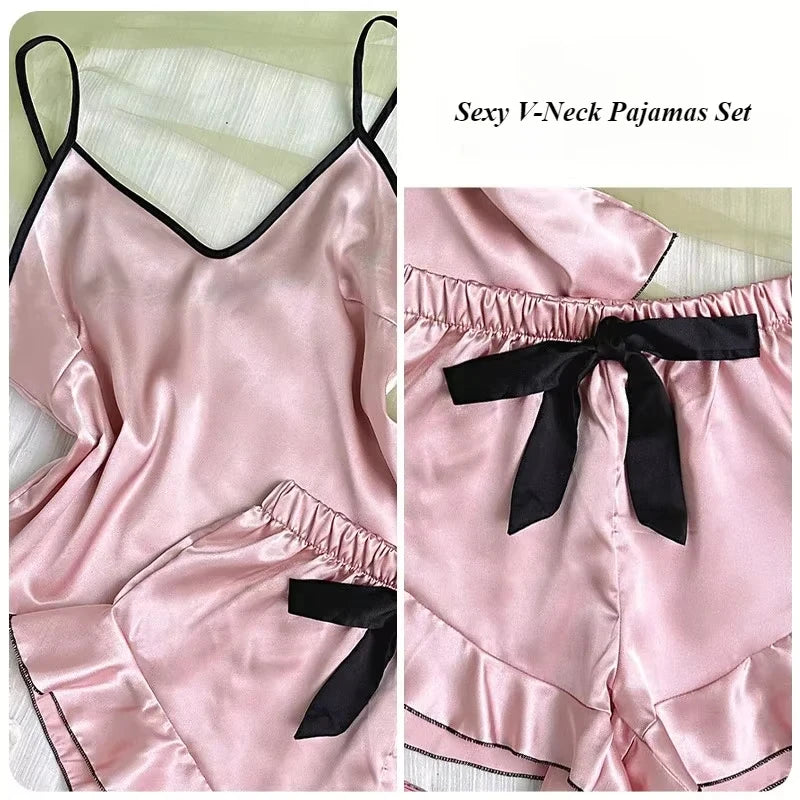 Pijama de mujer satinado con musculosa y short con moño