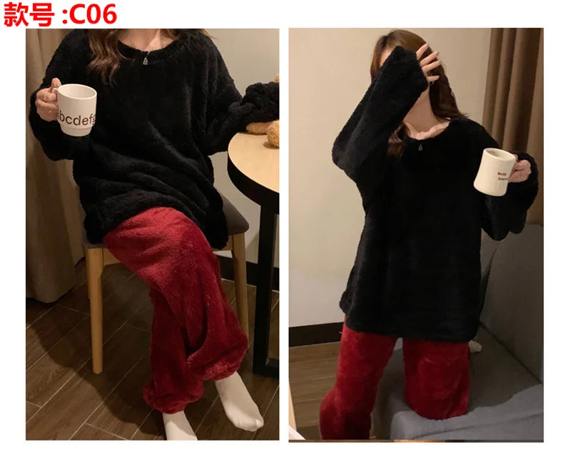 Pijama abrigado de mujer liso con acabado aterciopelado
