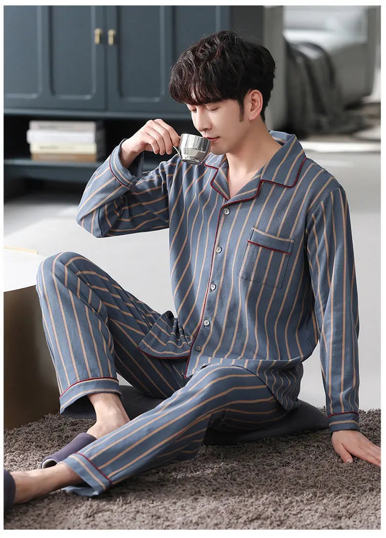 Pijama camisero de hombre de poliéster con pantalón largo