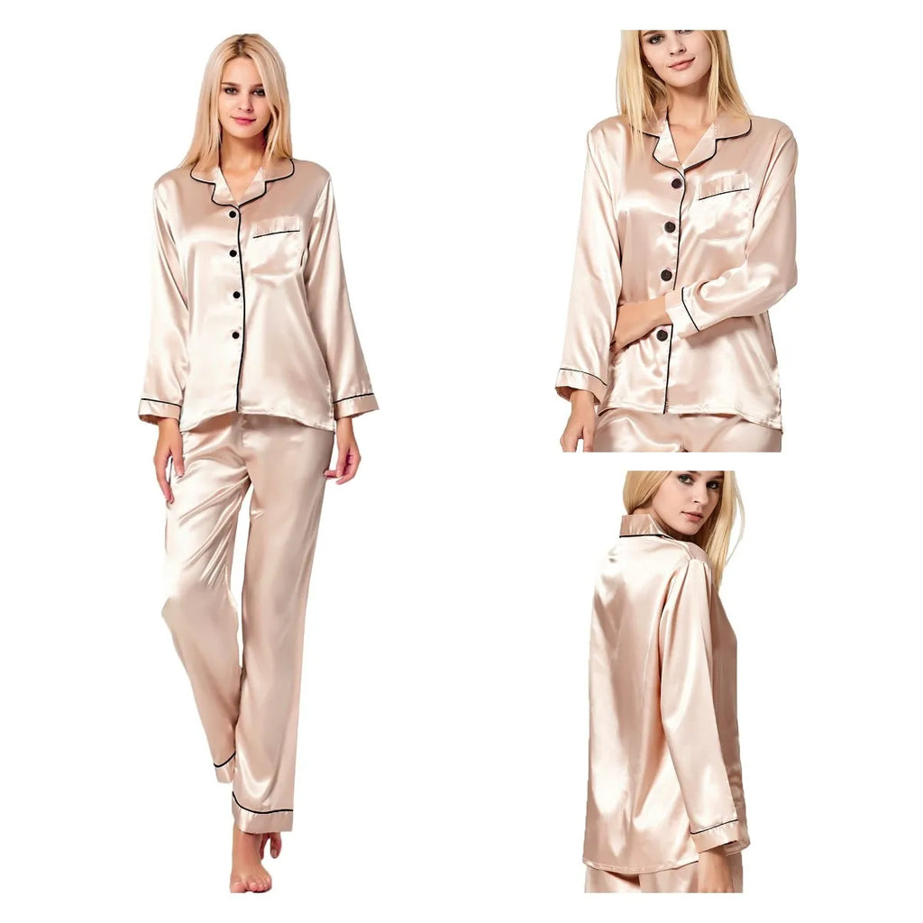 Pijama satinado liso con camisa de manga larga sin bolsillos