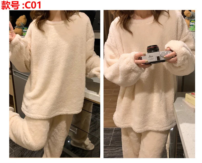Pijama abrigado de mujer liso con acabado aterciopelado