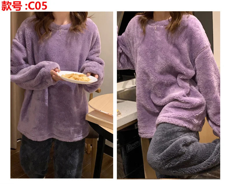 Pijama abrigado de mujer liso con acabado aterciopelado