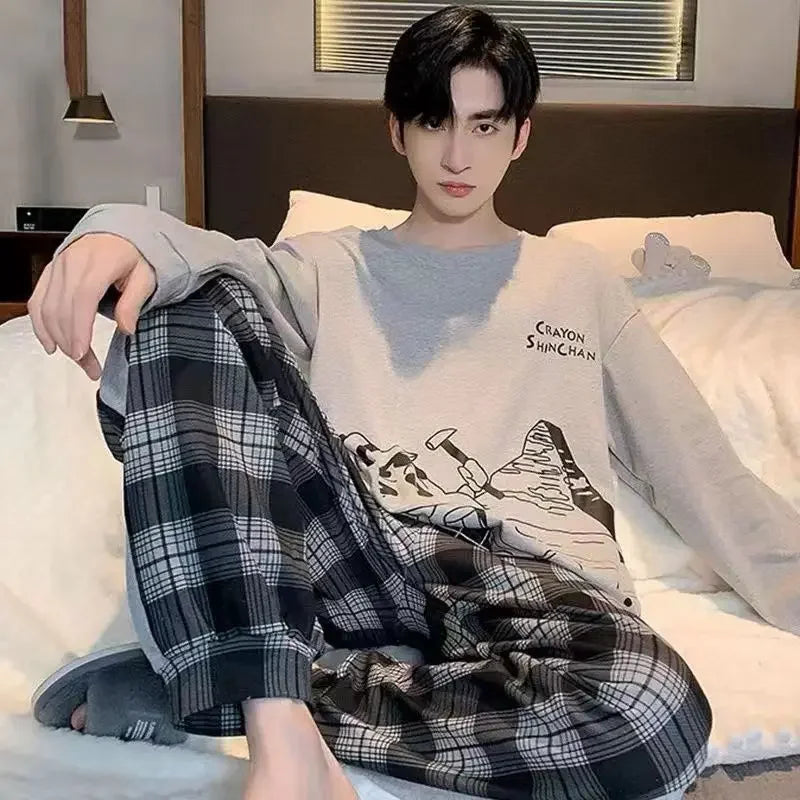 Pijama largo liviano de hombre con pantalón cuadrillé