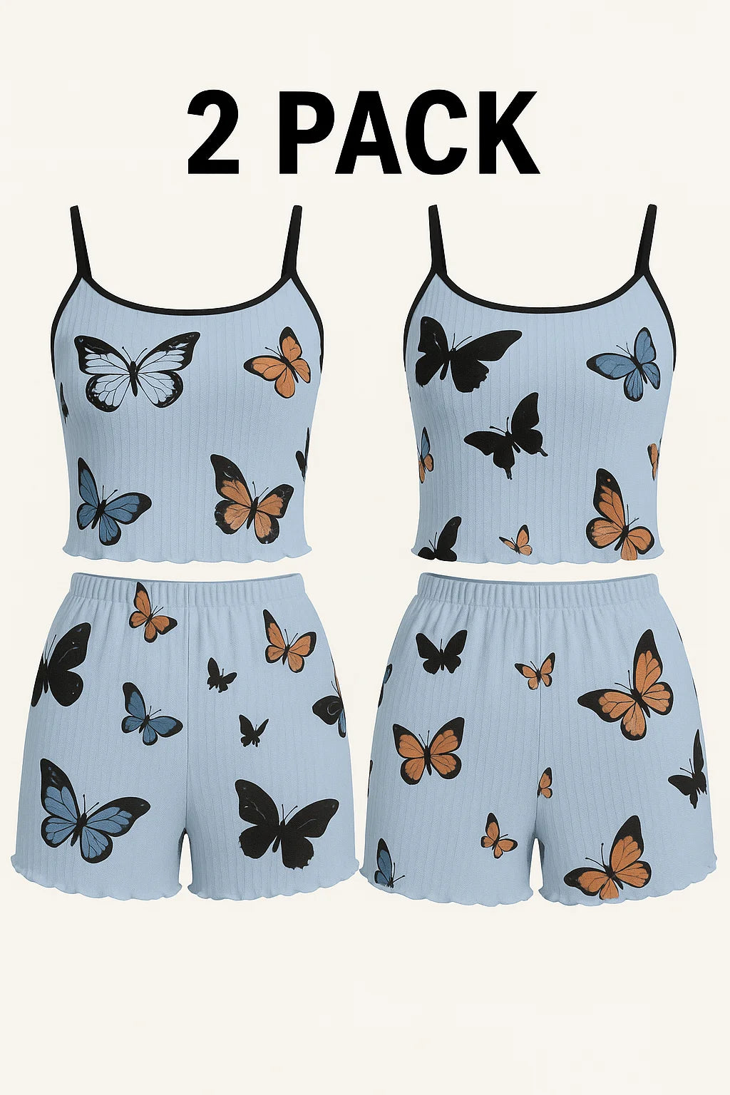 Pijama de musculosa y short con mariposas y bordes ondulados