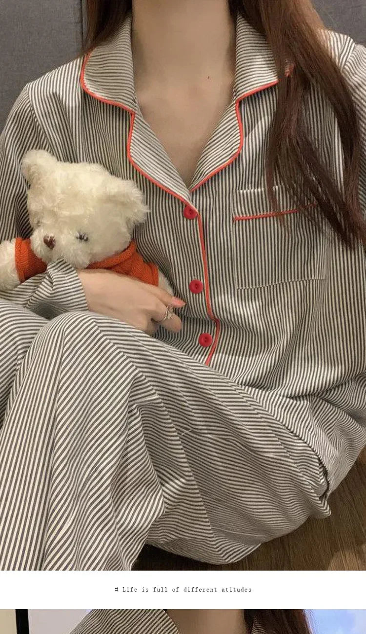 Pijama camisero de mujer gris a rayas con pantalón largo