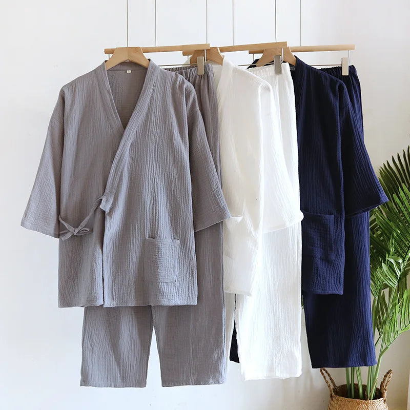 Pijama de hombre de algodón estilo kimono con pantalón largo