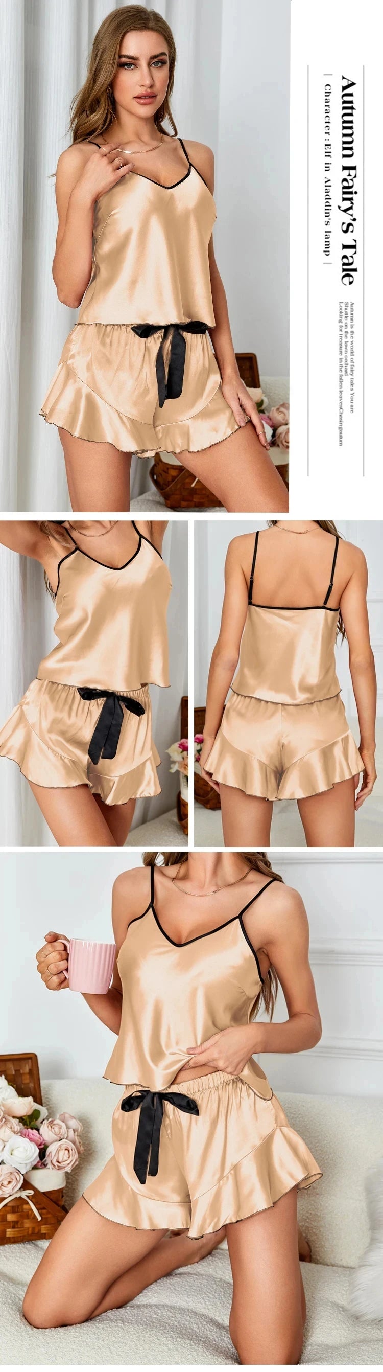 Pijama de mujer satinado con musculosa y short con moño