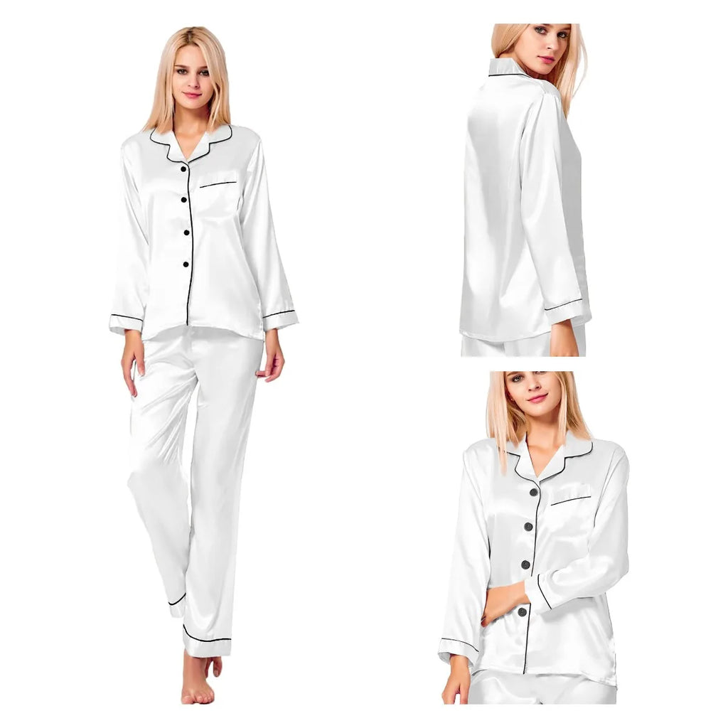 Pijama satinado liso con camisa de manga larga sin bolsillos