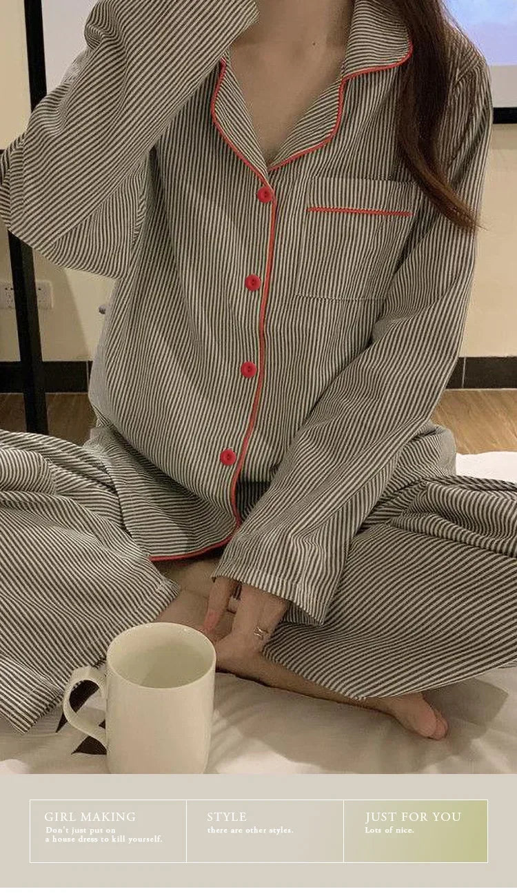 Pijama camisero de mujer gris a rayas con pantalón largo