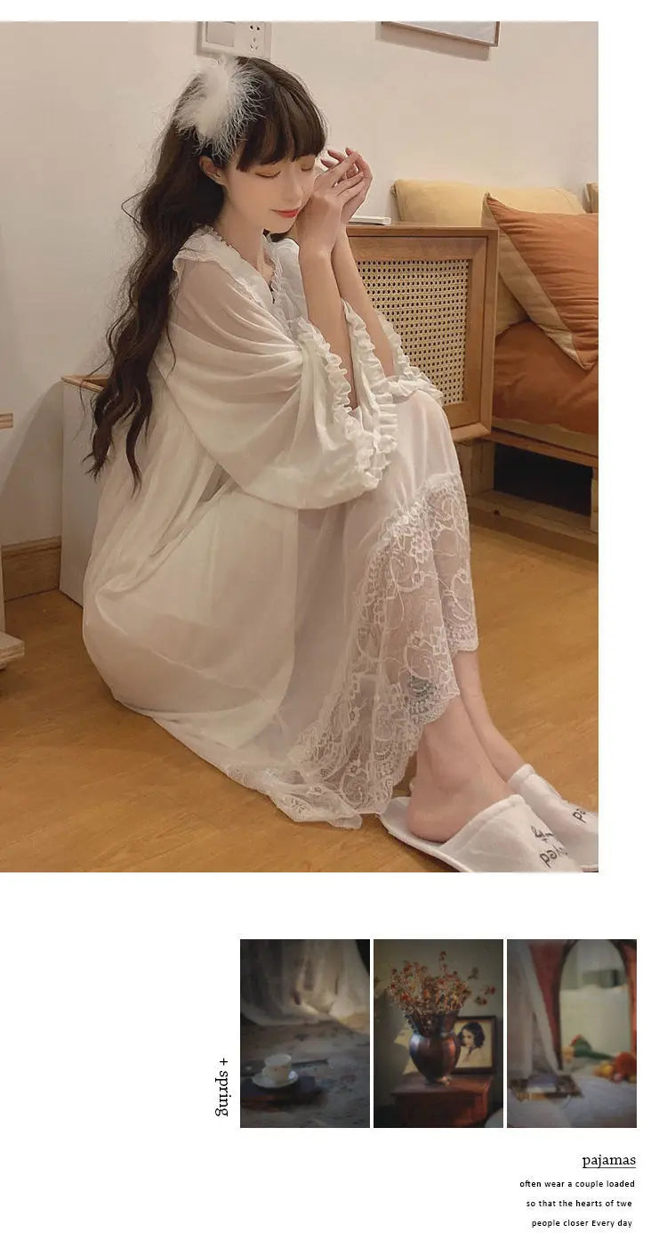 Camisón de manga larga con volados estilo romántico