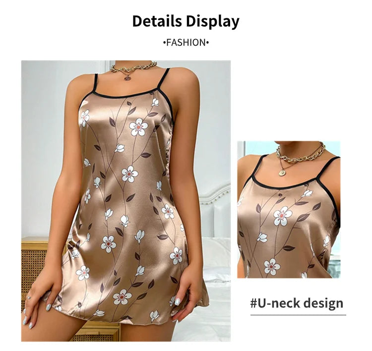 Camisón corto satinado con breteles regulables y estampados