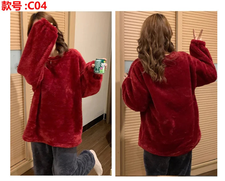 Pijama abrigado de mujer liso con acabado aterciopelado