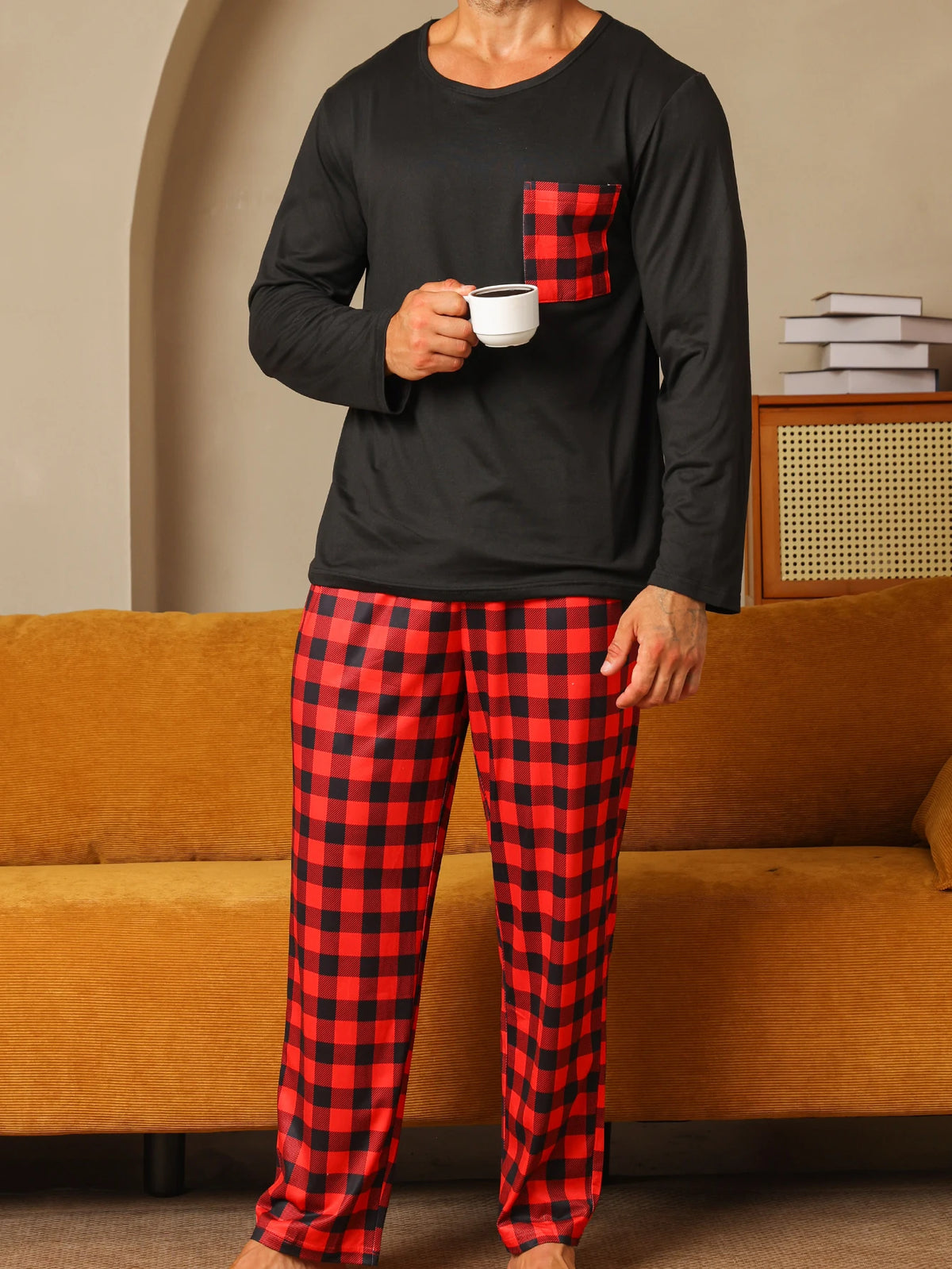 Pijama largo de hombre con pantalón a cuadros