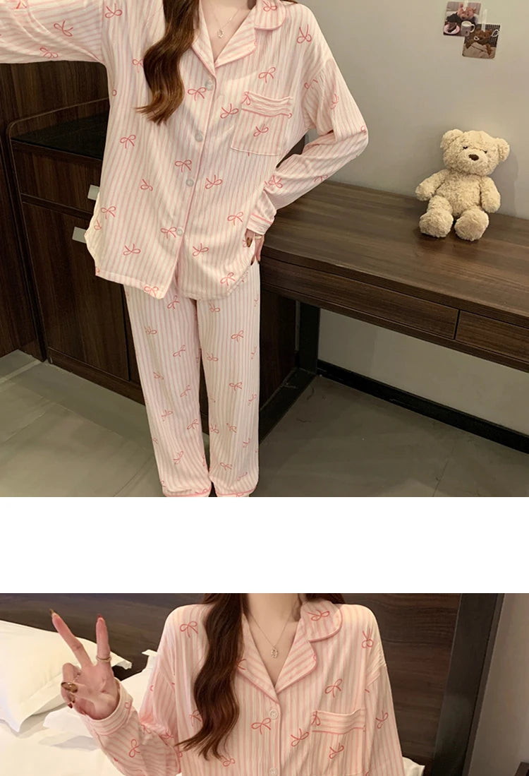 Pijama largo de mujer con diseño de moños y solapas