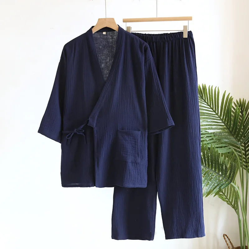 Pijama de hombre de algodón estilo kimono con pantalón largo