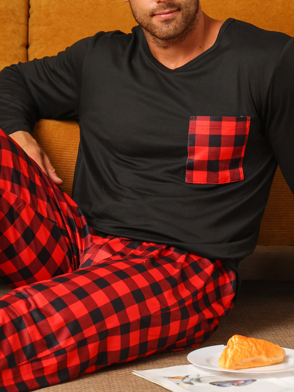Pijama largo de hombre con pantalón a cuadros
