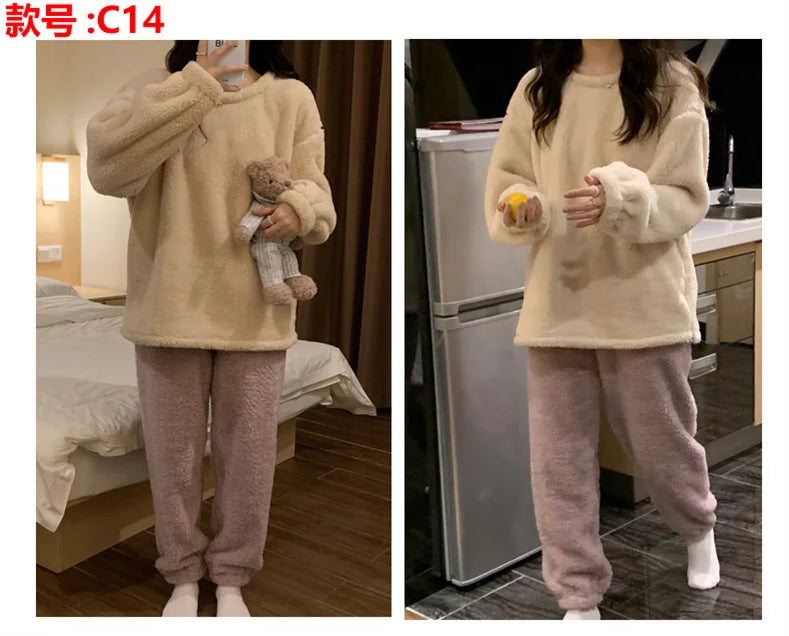 Pijama abrigado de mujer liso con acabado aterciopelado