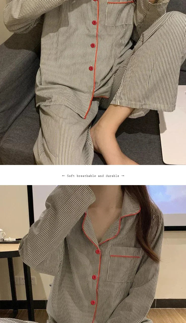 Pijama camisero de mujer gris a rayas con pantalón largo