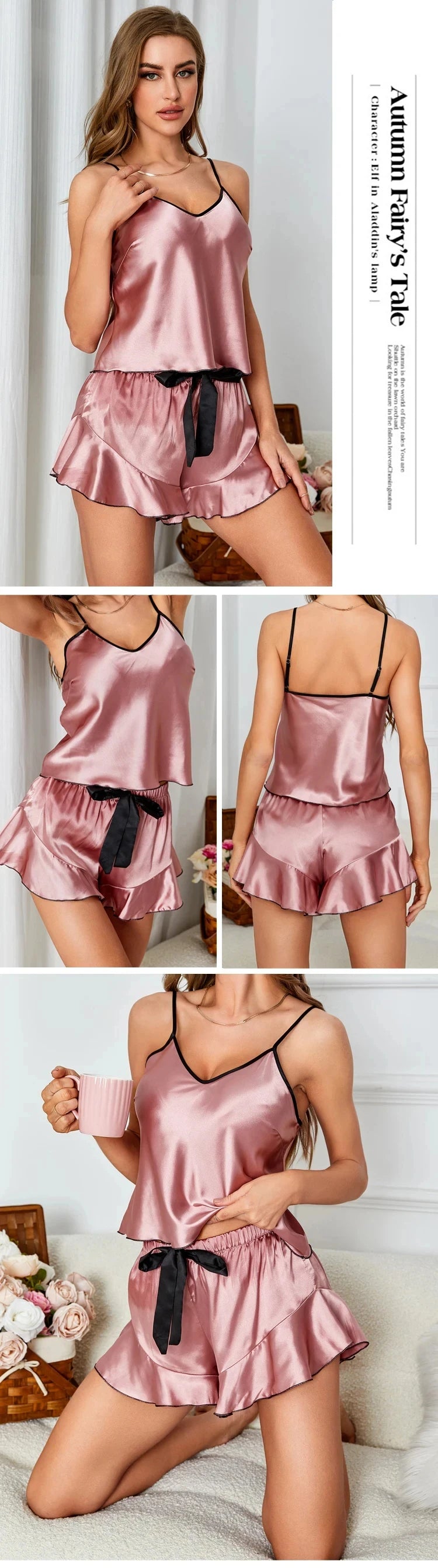 Pijama de mujer satinado con musculosa y short con moño