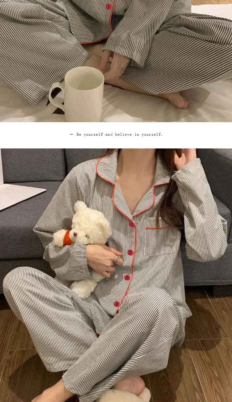 Pijama camisero de mujer gris a rayas con pantalón largo
