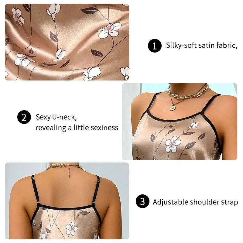 Camisón corto satinado con breteles regulables y estampados