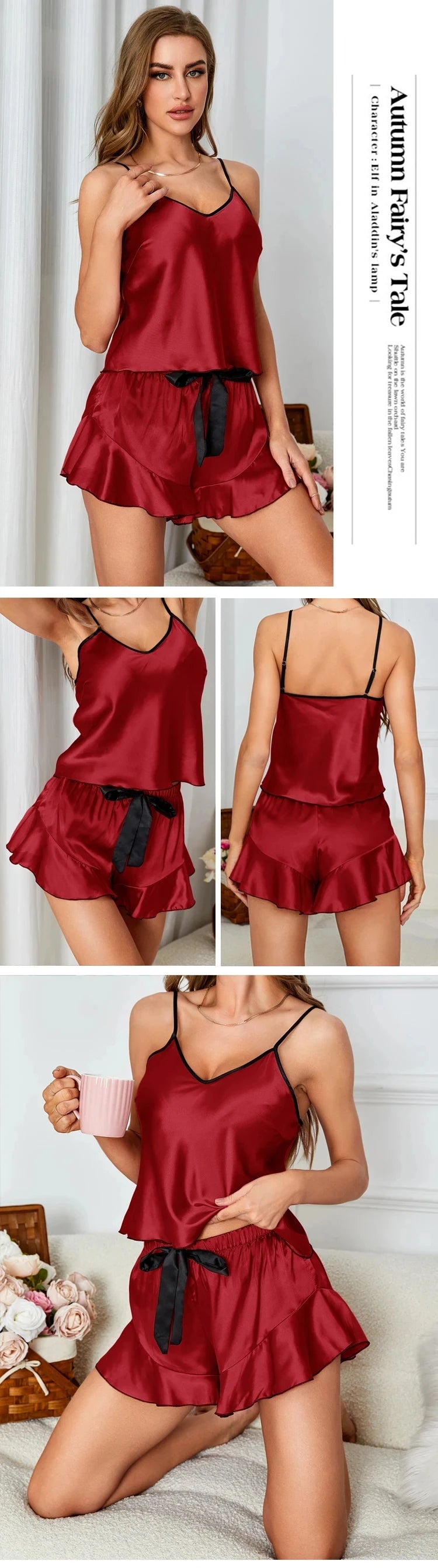 Pijama de mujer satinado con musculosa y short con moño