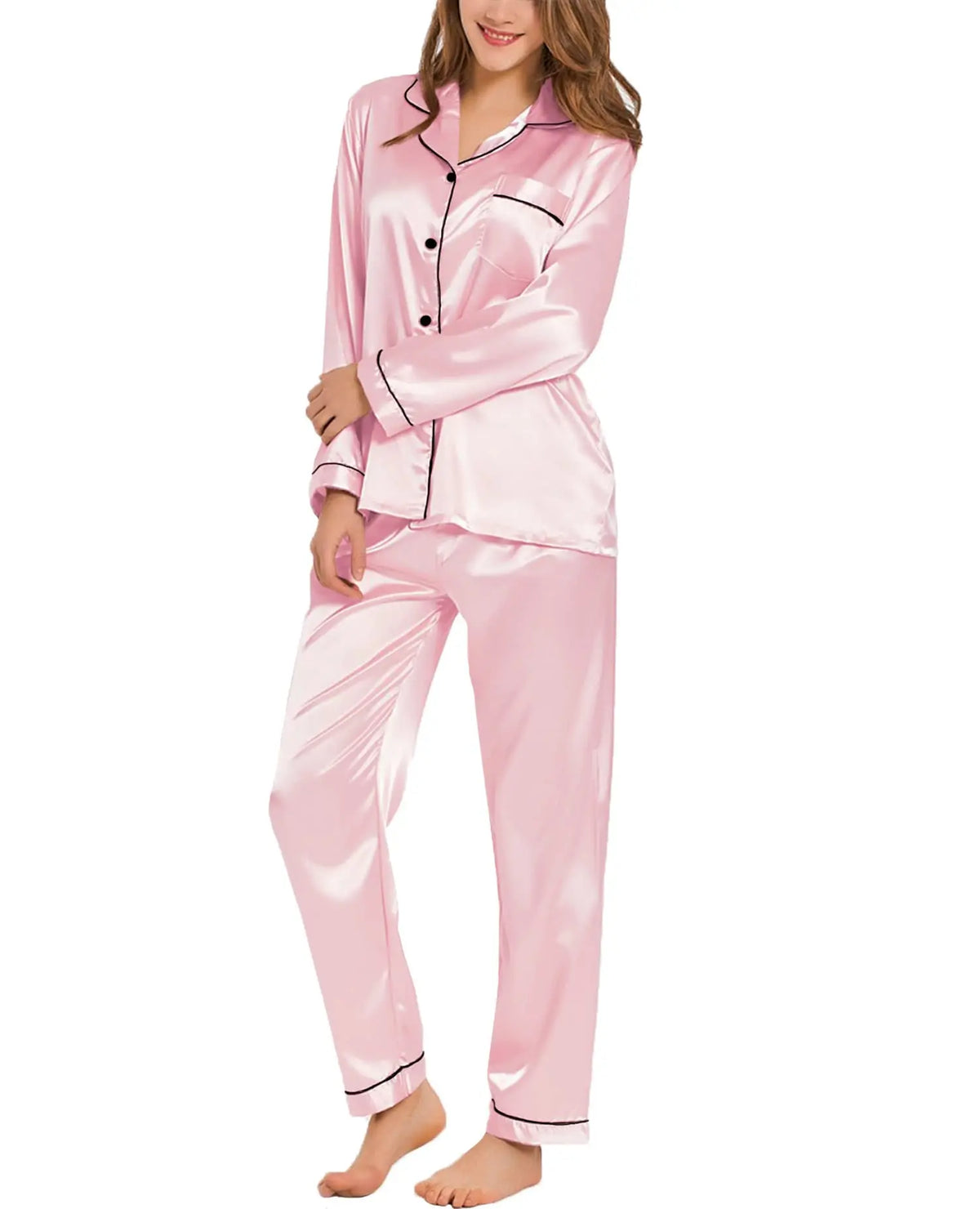 Pijama satinado liso con camisa de manga larga sin bolsillos