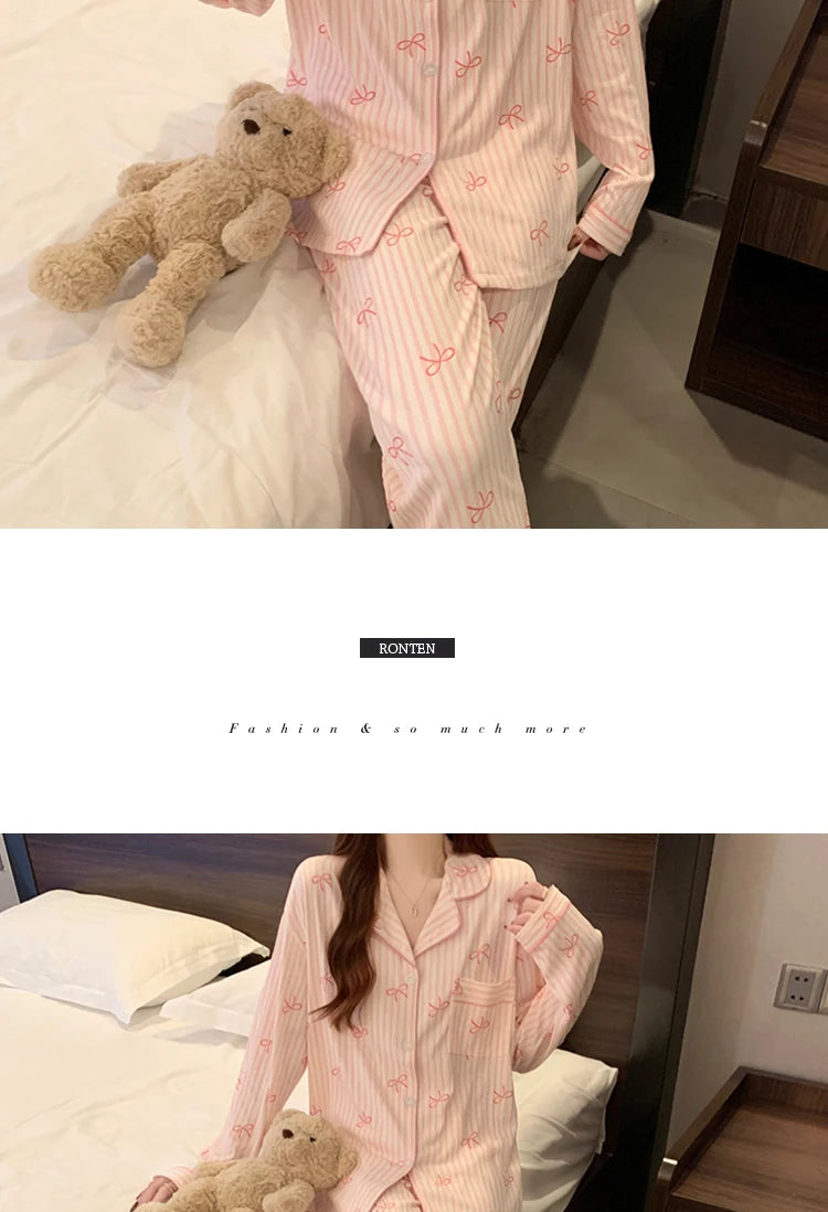 Pijama largo de mujer con diseño de moños y solapas