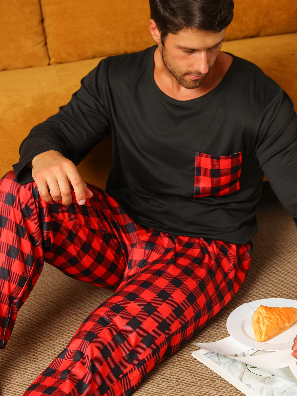 Pijama largo de hombre con pantalón a cuadros