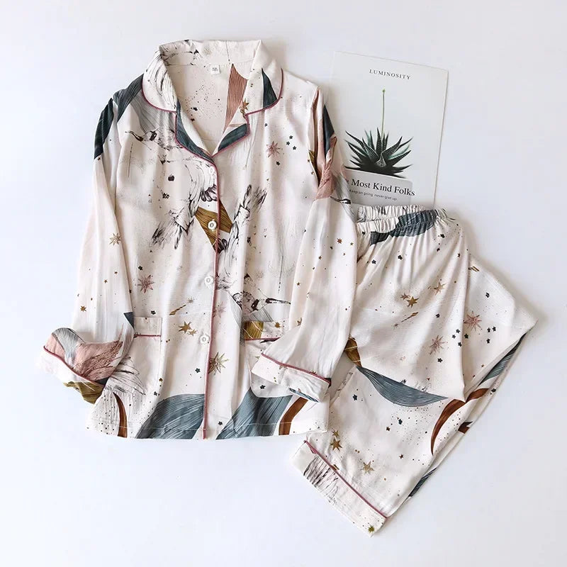 Pijama camisero de mujer de viscosa con estampas