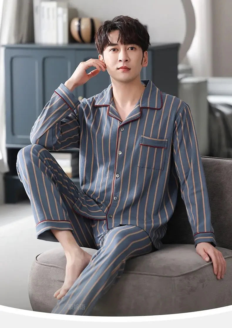 Pijama camisero de hombre de poliéster con pantalón largo