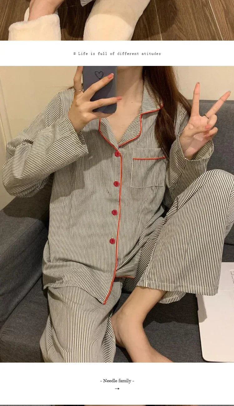 Pijama camisero de mujer gris a rayas con pantalón largo